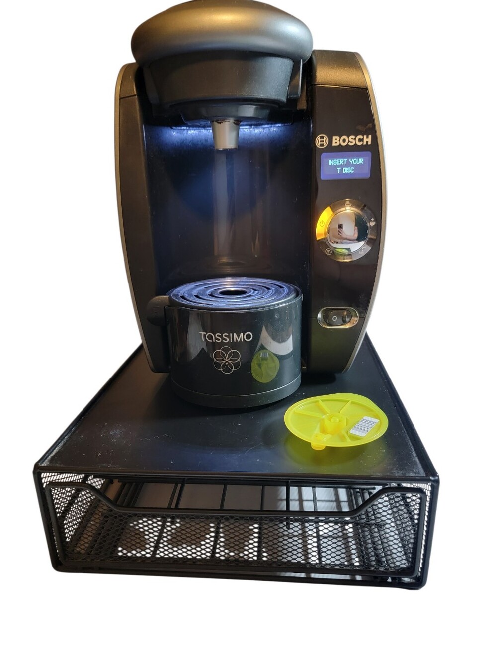 Bosch Tassimo T65 Single Disc Coffee Maker + Metal Storage Stand Descaling Disc